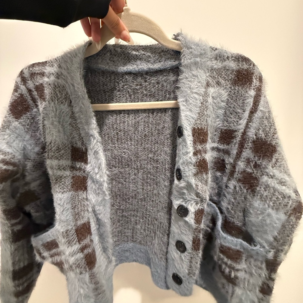 Plaid blue and brown Cropped Button-Up Cozy Women Sweater